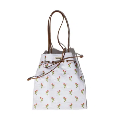 Miu Miu Embroidered Linen Tote Bag In White/red