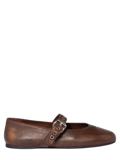 Miu Miu Embroidered Logo Ballerina Flats In Nappa Leather With Silver Buckle Strap In Brown