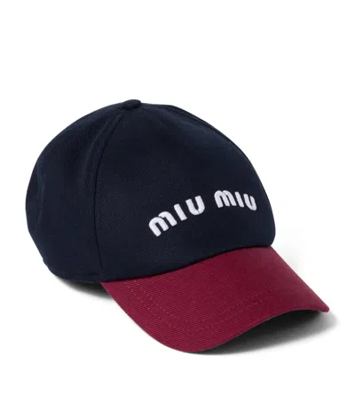 Miu Miu Two-tone Cotton Baseball Cap In Blue
