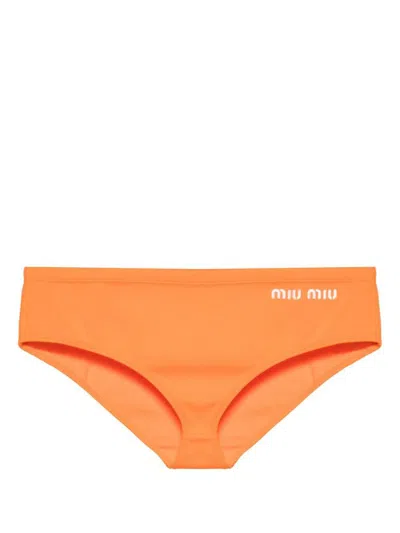 Miu Miu Embroidered-logo Bikini Bottoms In Arancio