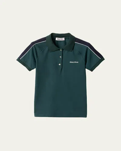 Miu Miu Embroidered Logo Cotton Jersey Polo Shirt In Green