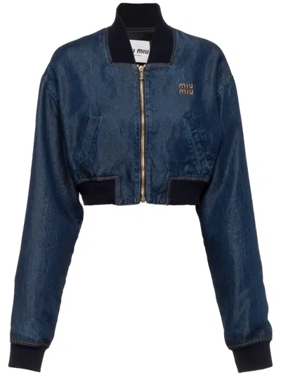 Miu Miu Embroidered-logo Denim Blouson Jacket In Blue
