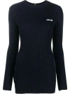 Miu Miu Logo Embroidered Crew Neck Jumper In Blue