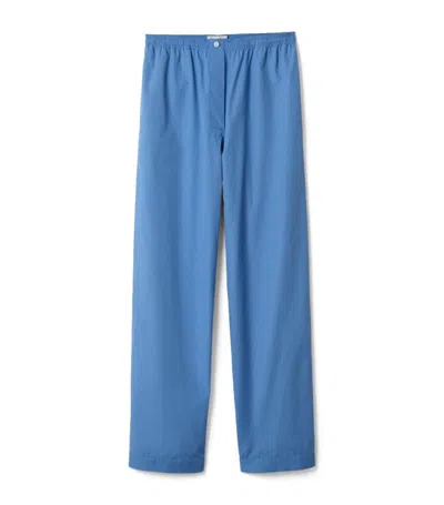 Miu Miu Embroidered-logo Poplin Trousers In Blue