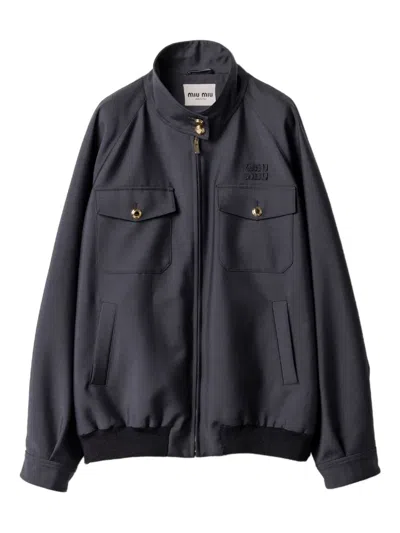 Miu Miu Embroidered Logo Ribbed-knit Jacket In Gray