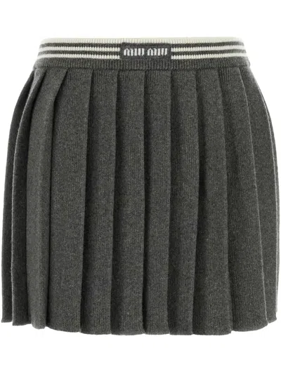 Miu Miu Embroidered Logo Skirt In Grey