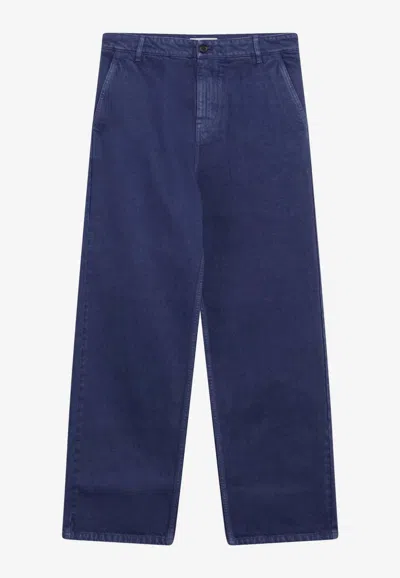 Miu Miu Embroidered Logo Straight-leg Pants In Blue