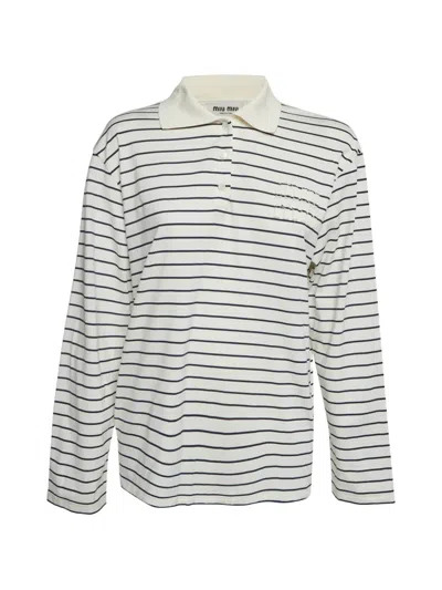Pre-owned Miu Miu Embroidered Logo Striped Polo Shirt In Neutral