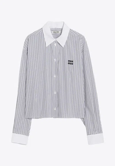 Miu Miu Embroidered Logo Striped Shirt In Gray