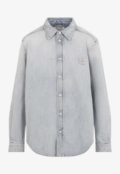Miu Miu Embroidered Logo Washed Denim Shirt In Blue