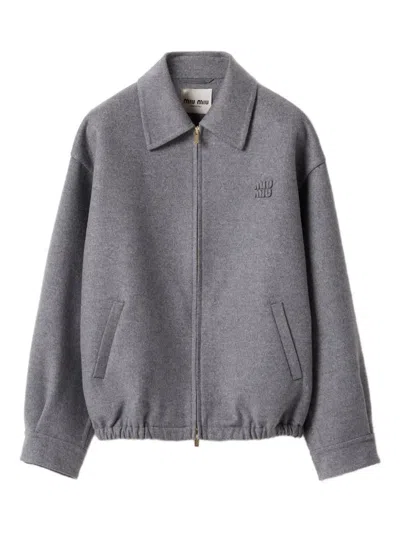 Miu Miu Embroidered-logo Wool Jacket In Gray