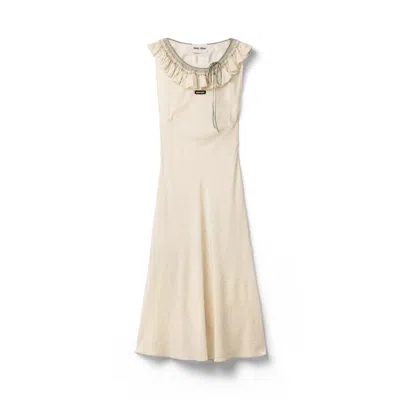 Miu Miu Embroidered Marocain Crepe Dress In Neutral