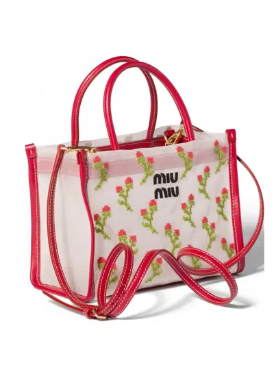 Miu Miu Embroidered Leather-trimmed Mesh Top-handle Bag In Multi