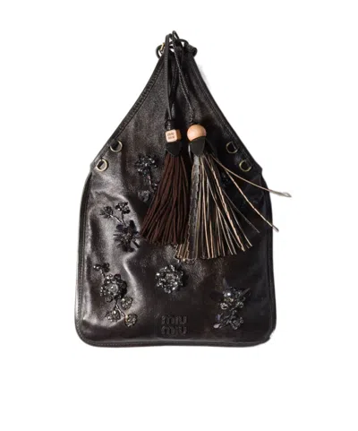 Miu Miu Embroidered Nappa Leather Handbag In Brown