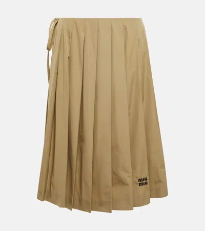 Miu Miu Embroidered Pleated Cotton Midi Skirt In Brown