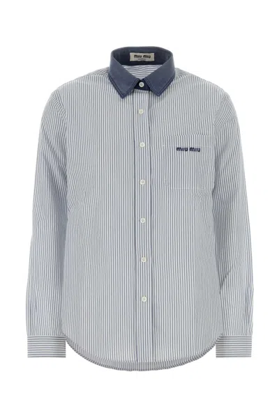 Miu Miu Striped Contrast Collar Shirt In Blue