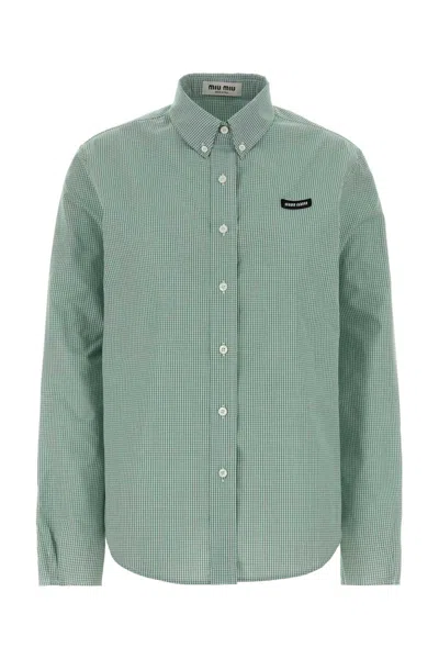 Miu Miu Embroidered Poplin Shirt With Checked Detail In Green