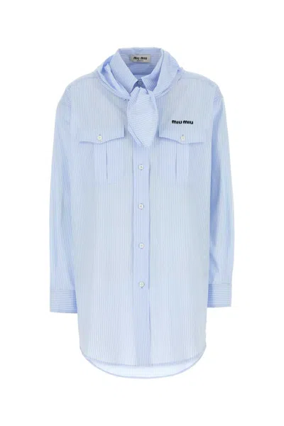 Miu Miu Embroidered Poplin Shirt With Striped Detail In Blue