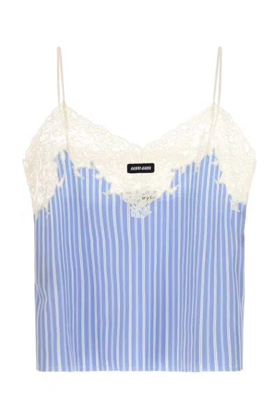 Miu Miu Embroidered Poplin Top In Blue
