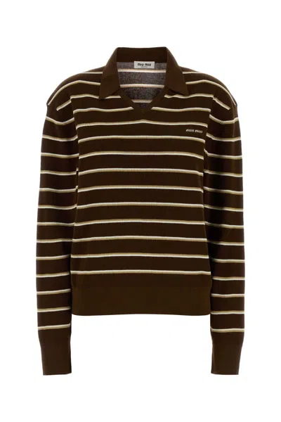 Miu Miu Embroidered Stretch Cotton Blend Polo Shirt In Brown