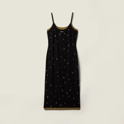 Miu Miu Embroidered Stretch Georgette Dress In Black