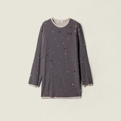 Miu Miu Embroidered Stretch Georgette Dress In Gray