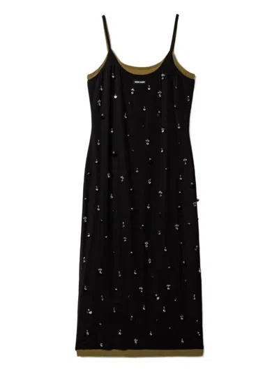 Miu Miu Embroidered Stretch Midi Dress In Black