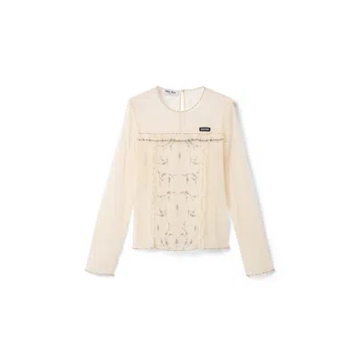 Miu Miu Embroidered Tulle Top In Neutral