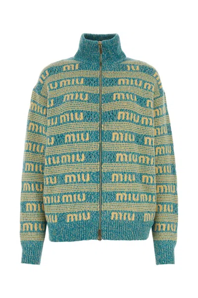 Miu Miu Embroidered Wool Blend Oversize Cardigan In Turchese