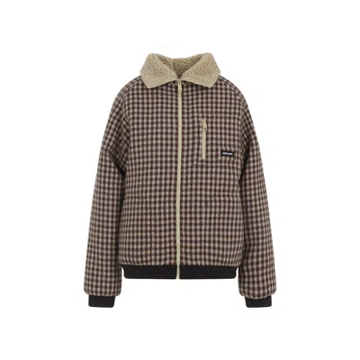 Miu Miu Checkered Long Sleeve Jacket With Shearling Collar In Brown