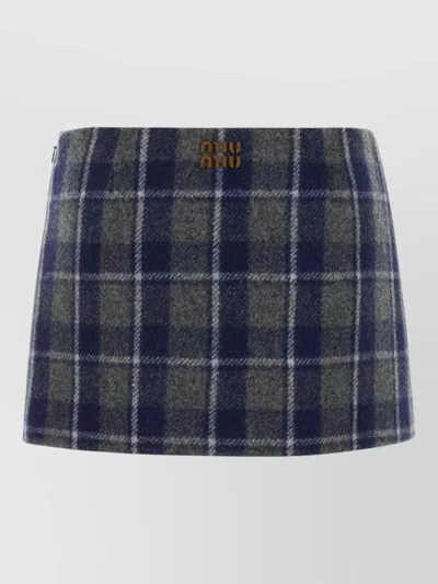 Miu Miu Embroidered Wool Mini Skirt Plaid Slit In Multi