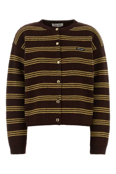 Miu Miu Embroidered Wool-cashmere Cardigan With Striped Detail In Brown