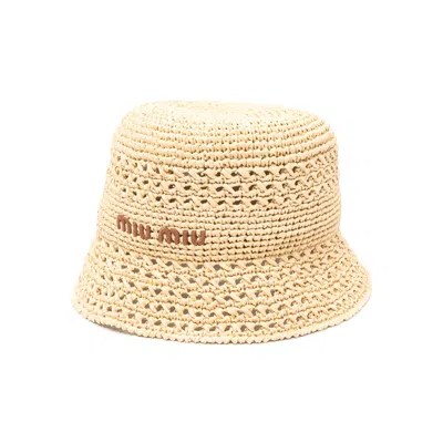 Miu Miu Embroidered-logo Raffia Bucket Hat In Neutral