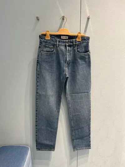 Miu Miu Embroidery Logo Jeans Pants In Blue