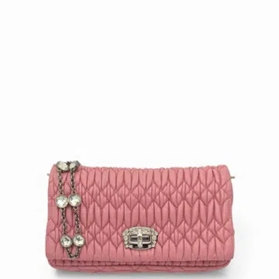 Pre-owned Miu Miu Empreinte Leather Matelasse Crystal Flap Clutch In Pink