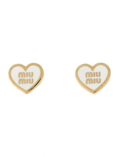Pre-owned Miu Miu Enamel Heart Stud Earrings In White