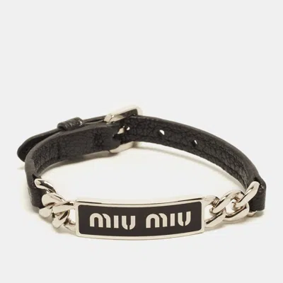 Pre-owned Miu Miu Enamel Logo Black Leather Bracelet