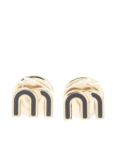 Pre-owned Miu Miu Enamel Logo Earrings In Gold