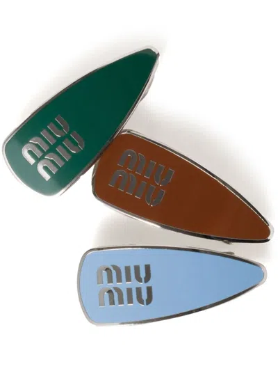 Miu Miu Enamelled Metal Hair Clips In 绿色