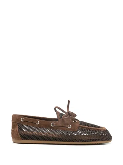 Miu Miu Perforated Suede And Nylon Boat Shoes In Brown