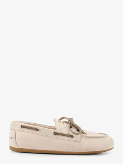 Miu Miu Fabric Loafers With Front Lettering Logo In Neutral