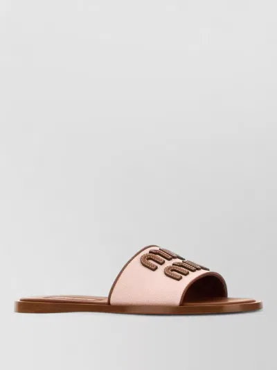 Miu Miu Fabric Slippers Open Toe Flat Sole Embellished Strap