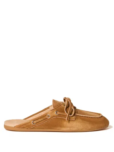 Miu Miu Faded Suede Lace Detail Round Toe Mules In Neutral
