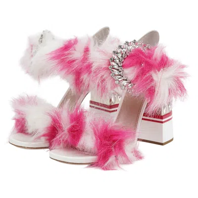 Pre-owned Miu Miu Fall/winter 2017 Pink Faux Fur Crystal Block Heel Sandals 41