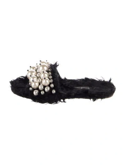Pre-owned Miu Miu Faux Fur Beaded Accents Slides In Black
