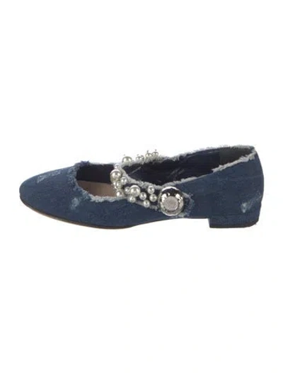 Pre-owned Miu Miu Faux Pearl Accents Denim Ballet Flats In Blue