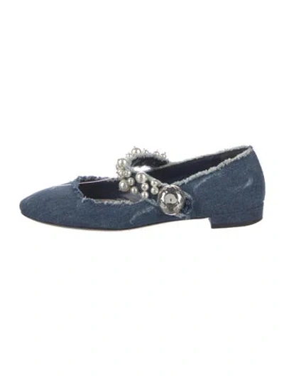 Pre-owned Miu Miu Faux Pearl Accents Denim Mary Jane Flats In Blue