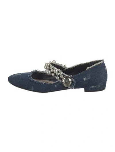 Pre-owned Miu Miu Faux Pearl Accents Denim Mary Jane Flats In Blue
