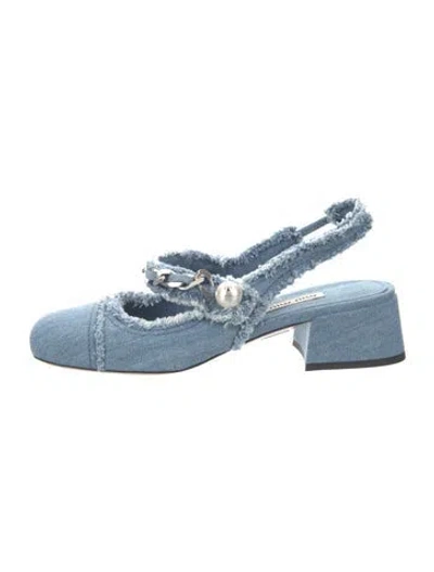 Pre-owned Miu Miu Faux Pearl Accents Denim Slingback Pumps In Blue