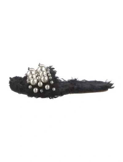 Pre-owned Miu Miu Faux Pearl Accents Faux Fur Slides In Black